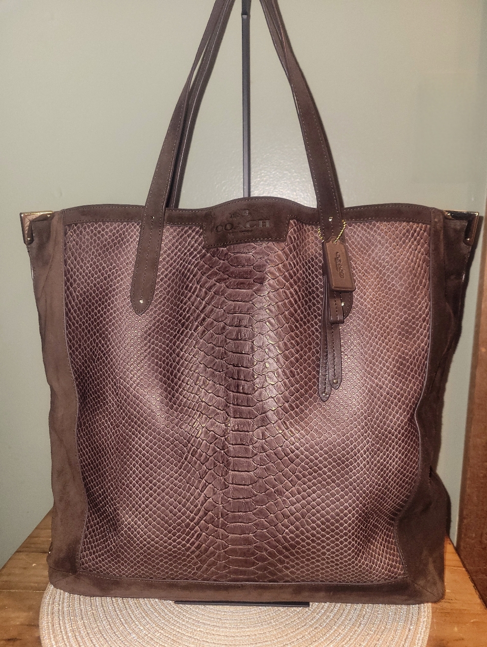 Coach Jose Suede and Leather Rpetile Embissed Tote in Dark Brown